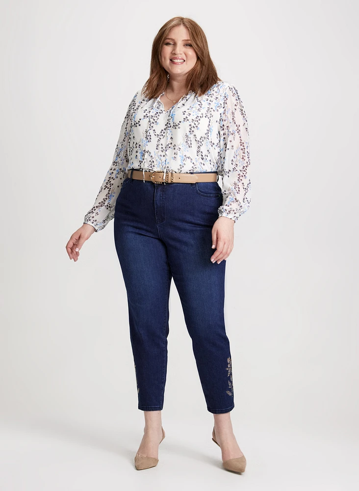 Puff Sleeve Floral Blouse & Embellished Hem Capris