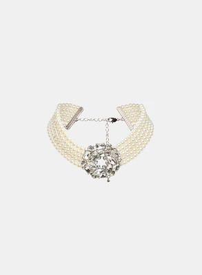 Collier ras-du-cou à perles et fleur en cristaux