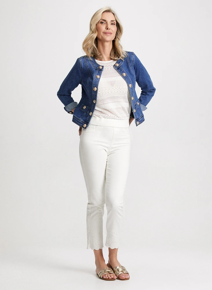 Button Trim Denim Jacket & Embroidered Pull-On Jeans