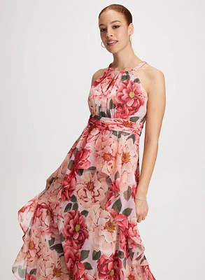 Robe maxi florale à taille froncée