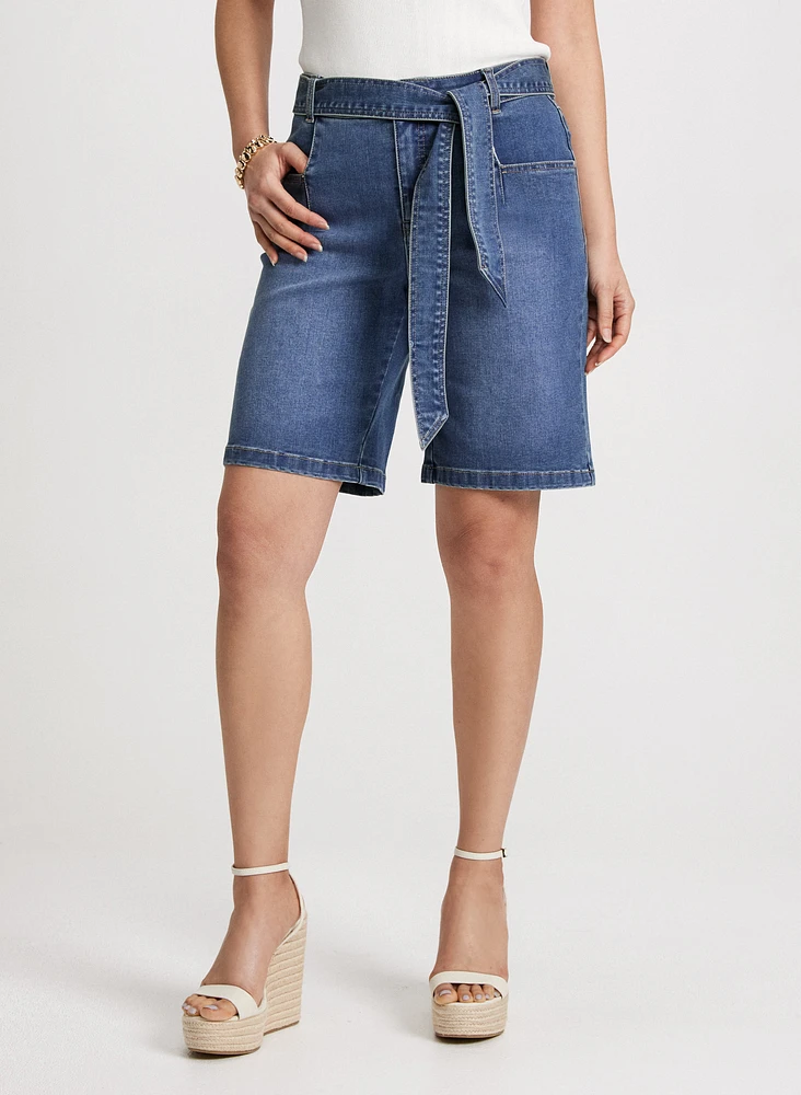 Self-Tie Belted Denim Shorts