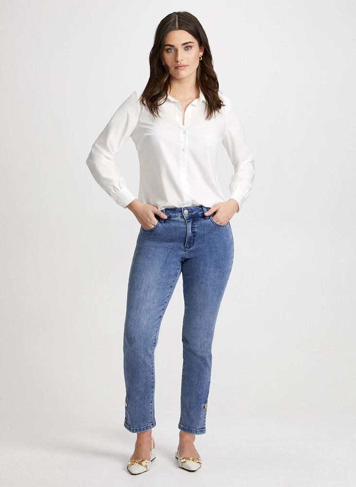 Pearl Detail Shirt & Button Hem Jeans