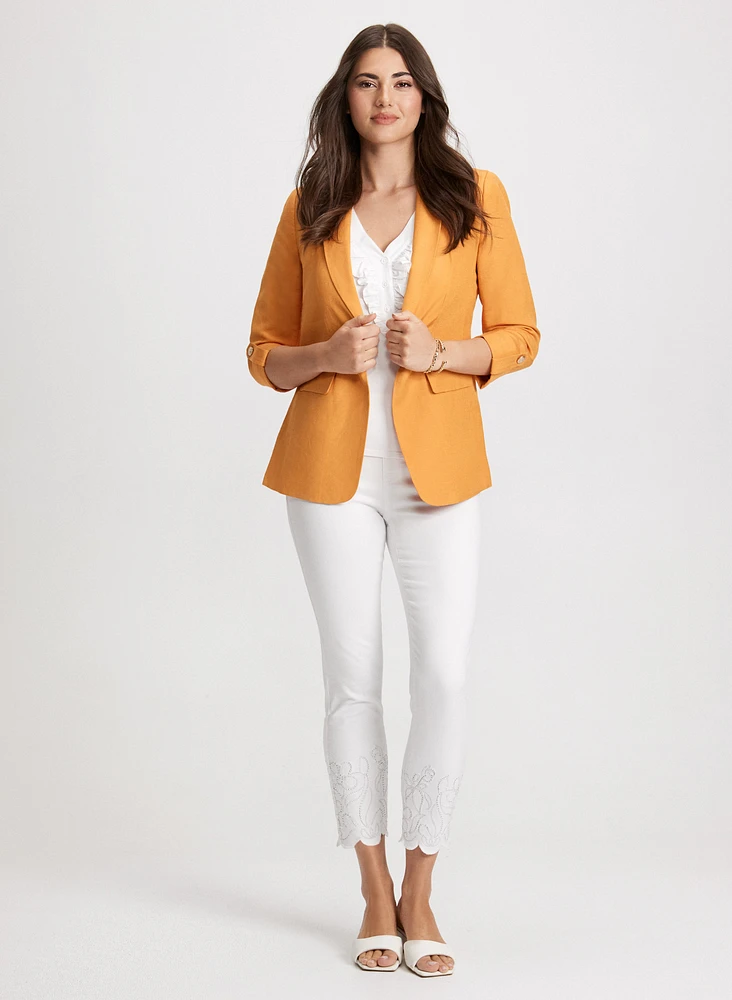 Linen-Blend Blazer & Embroidered Hem Pants