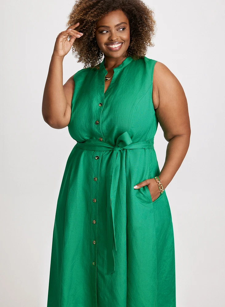 Linen-Blend Button Front Dress