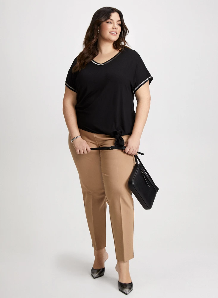 V-Neck with Beaded Trim & Button Tab Detail Pants