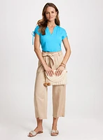 Drawstring V-Neck Tee & Belted Elastic Waist Pants