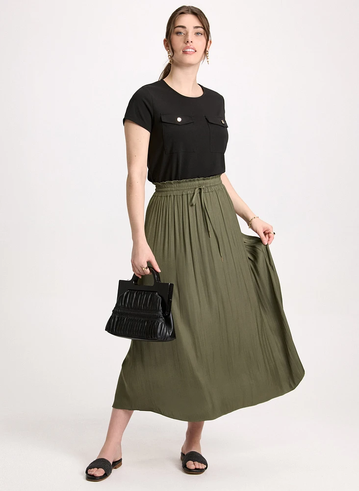 Buttoned Flap Pocket Top & Long Elastic Waist Skirt