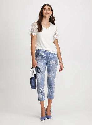 Lace Sleeves Top & Floral Pattern Jeans