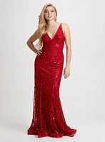 Glitter Mesh V-Neck Gown