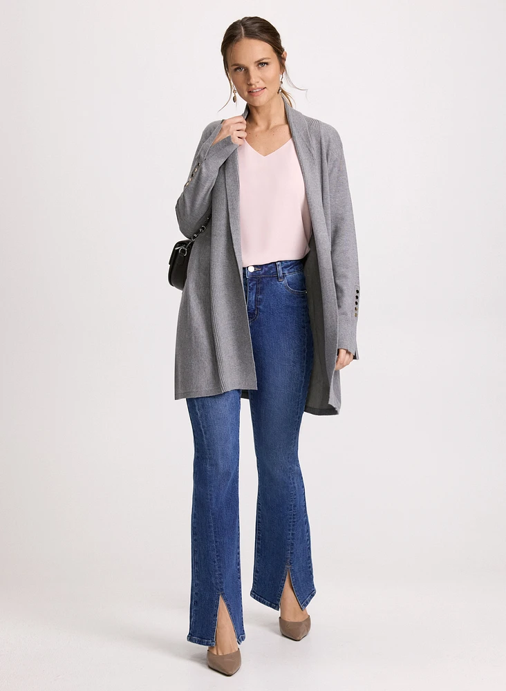 Button Detail Cardigan & Flared Slit Jeans