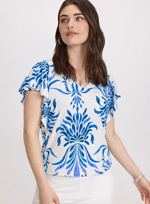 Leaf Print Flutter Sleeve Top