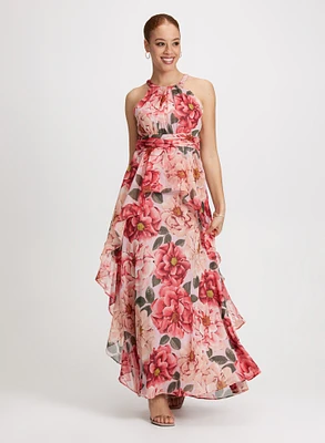 Robe maxi florale à taille froncée