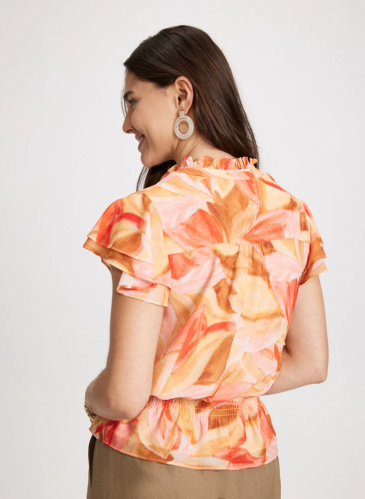 Tropical Print Tiered Sleeve Blouse