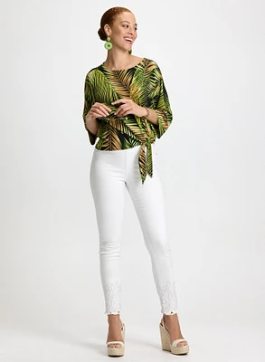 Palm Print Top & Embroidered Hem Pull-On Pants