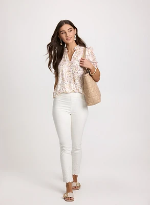 Satin Floral Blouse & Embroidered Jeans