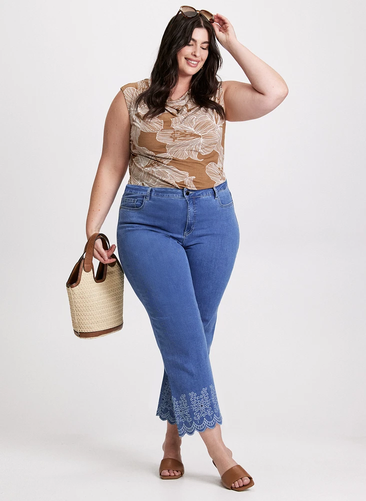 Cowl-Neck Floral Print Top & Embroidered Hem Culotte Jeans