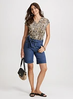 Animal Print Eyelet Tee & Sash Denim Shorts