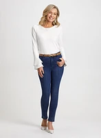 Tiered Sleeve Top & Bow Trim Jeans