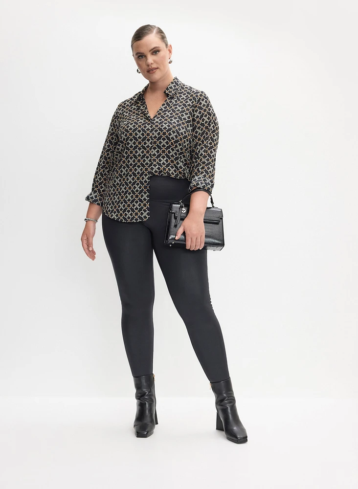 Geometric Print Crepe Blouse & Vegan Leather Leggings