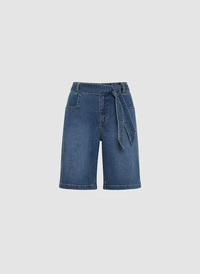 Self-Tie Belted Denim Shorts