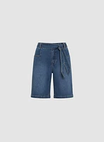 Self-Tie Belted Denim Shorts