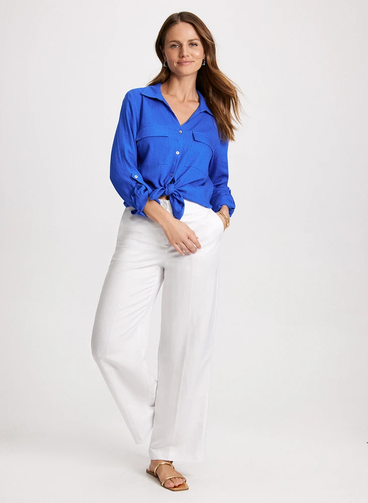 Rolled Sleeves Linen Blend Blouse