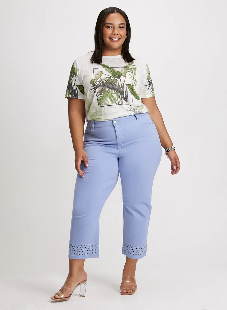 Tropical Print Burnout T-Shirt & Straight Leg Denim Capris