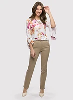 Floral Bell Sleeve Top & Embroidered Straight Leg Denim Pants