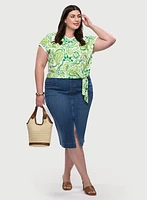 Tie Detail Drop-Shoulder Top & Denim Pencil Skirt