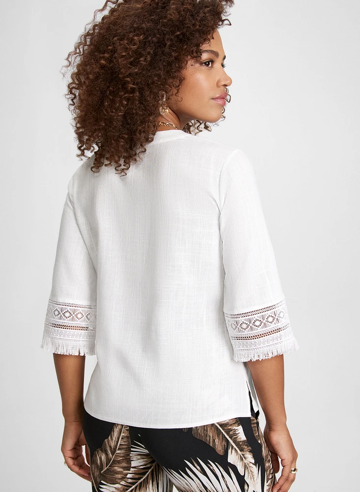 Blouse en mélange de lin avec manches à broderies et franges