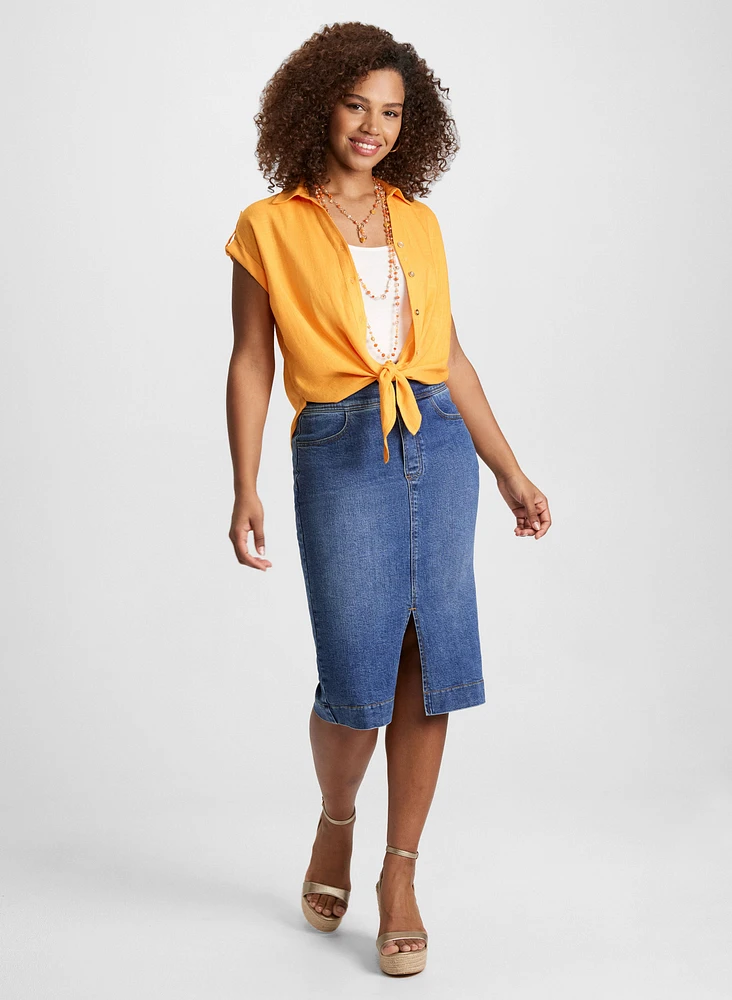 Blouse en détail noué et jupe midi en denim