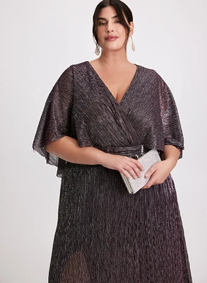 Metallic Cape Sleeve Plissé Dress