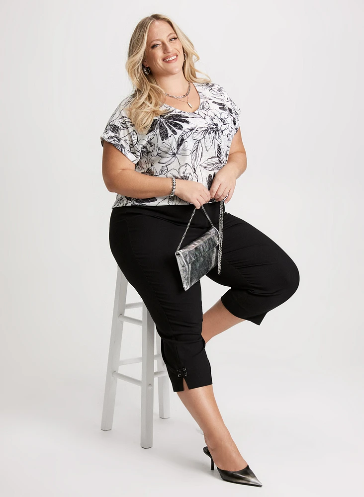 Floral Print Burnout T-Shirt & Bengaline Capris