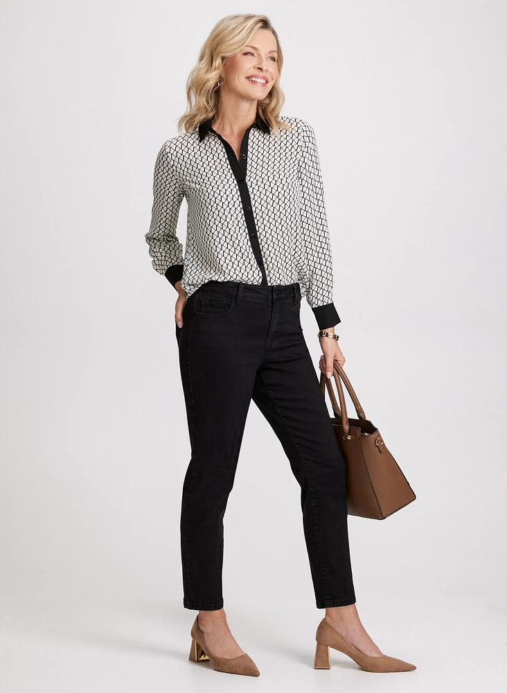 Geometric Print Blouse & Slim Leg Jeans