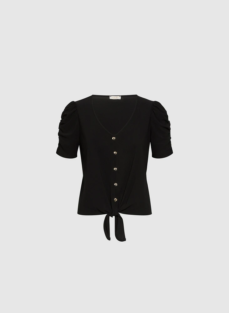 Button-Front Shirred Sleeve Top