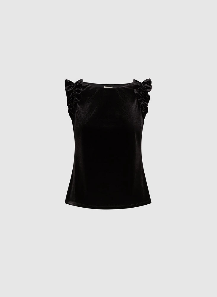 Ruffled Shoulder Velour Top