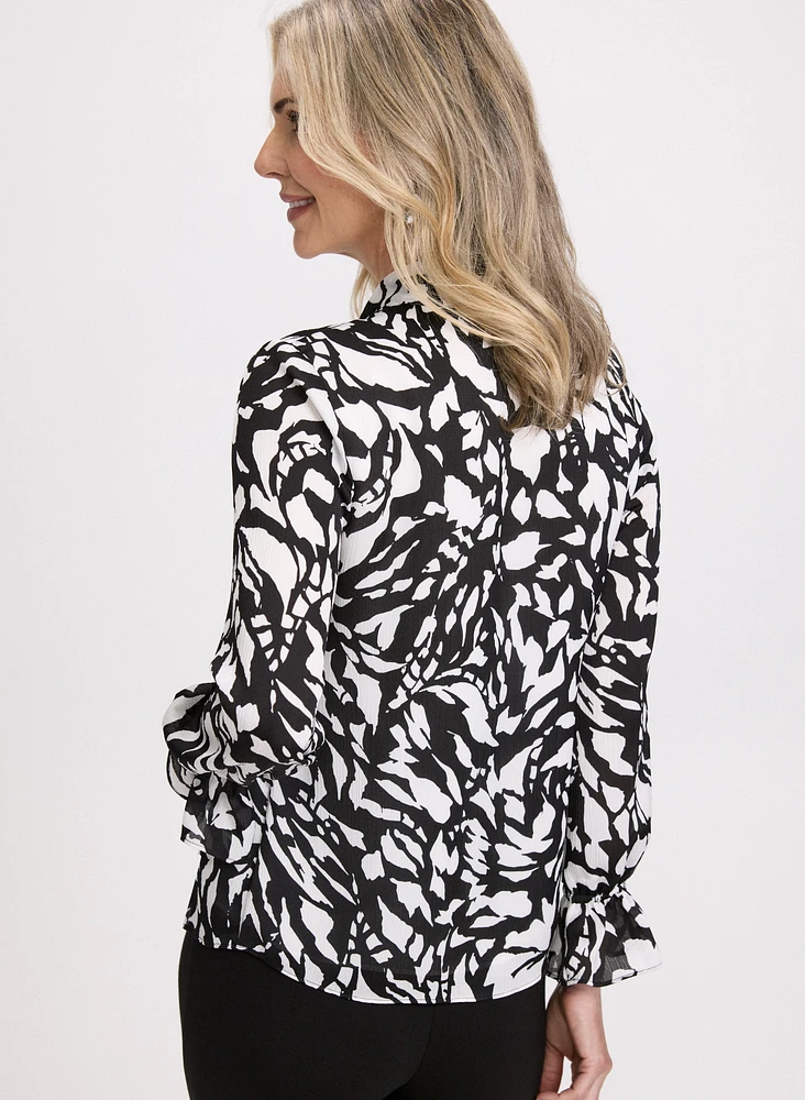 Abstract Print Tie Collar Blouse