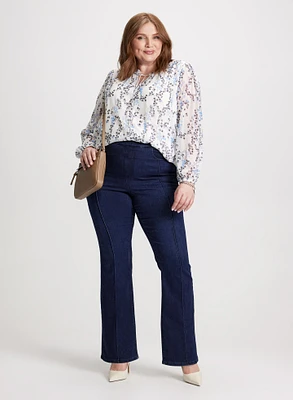 Puff Sleeve Floral Blouse & Pull-On Bootcut Jeans