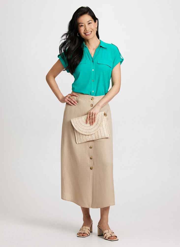 Button Down Blouse & Long Linen-Blend Skirt