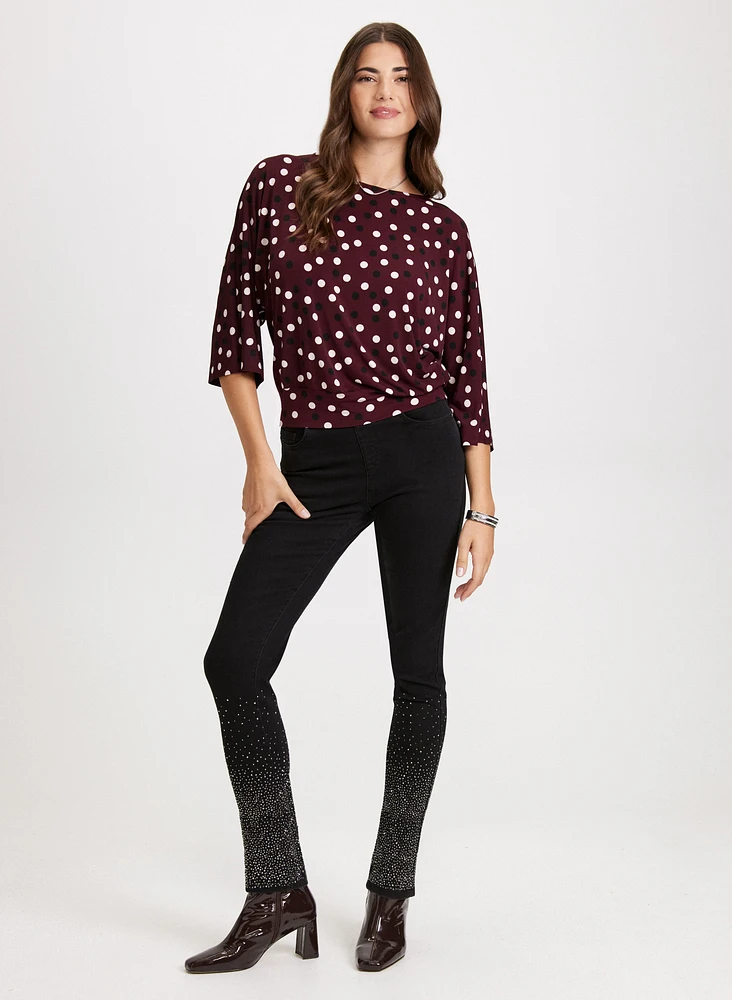 Polka Dot Elbow Sleeve Top & Rhinestone Detail Jeans