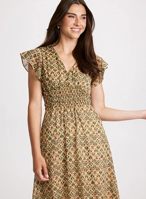 Leaf Print Smocked Waist Dress