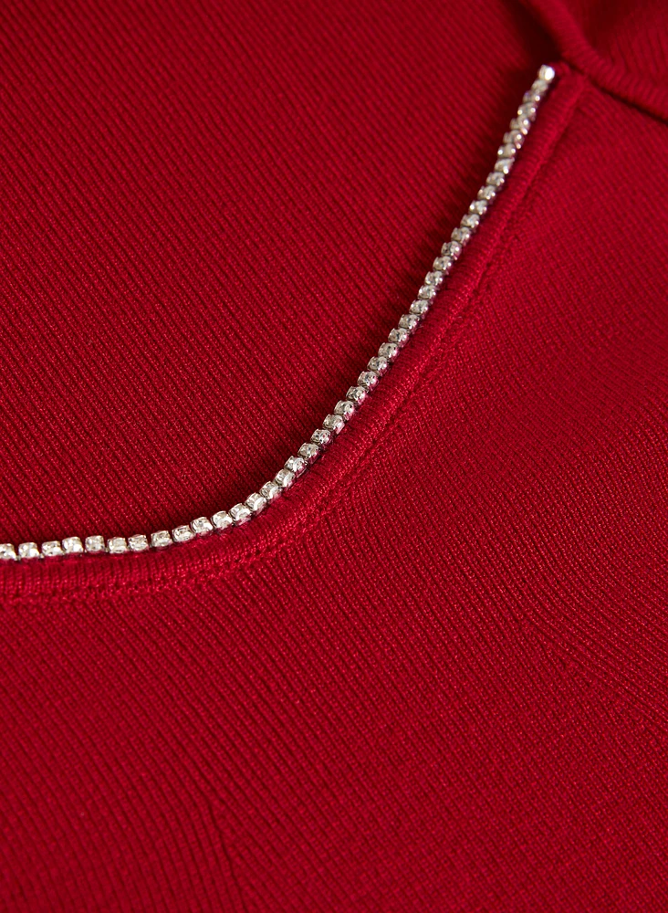 Rhinestone Trim Sweetheart Neck Sweater