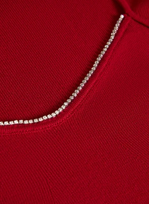 Rhinestone Trim Sweetheart Neck Sweater