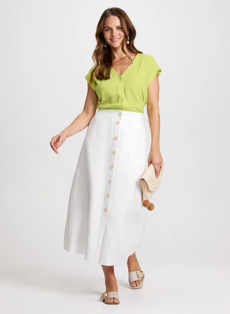 Linen Blend Blouse & Long Button Skirt