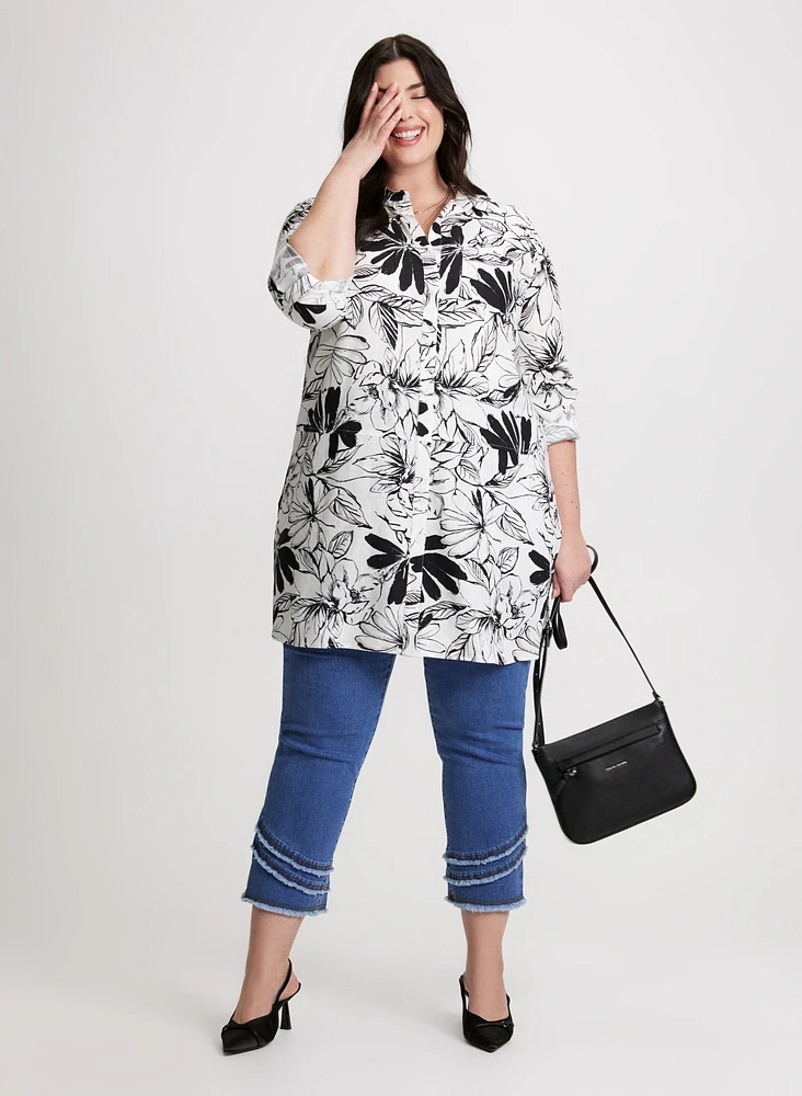 Floral Linen-Blend Blouse & Asymmetric Fringe Hem Jeans