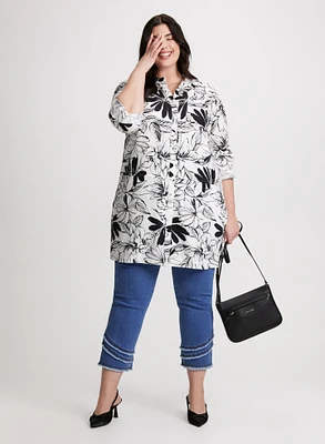 Floral Linen-Blend Blouse & Asymmetric Fringe Hem Jeans