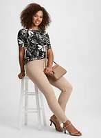 Leaf Print Peplum Top & Scalloped Hem Denim Pants