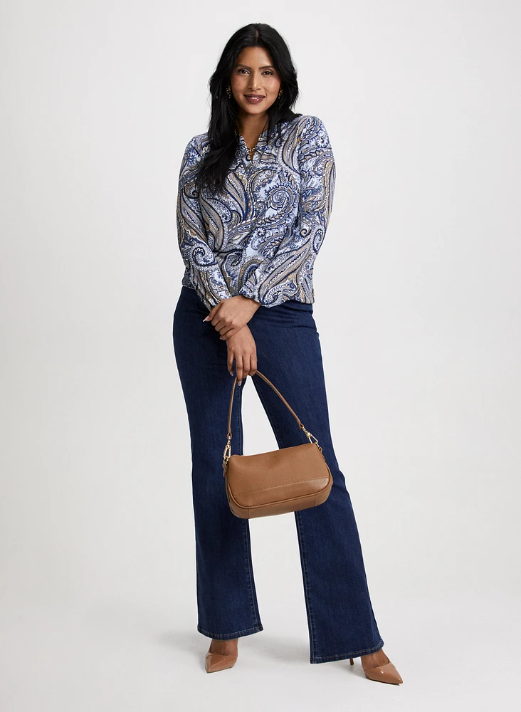 Split Neck Paisley Top & Bootcut Jeans