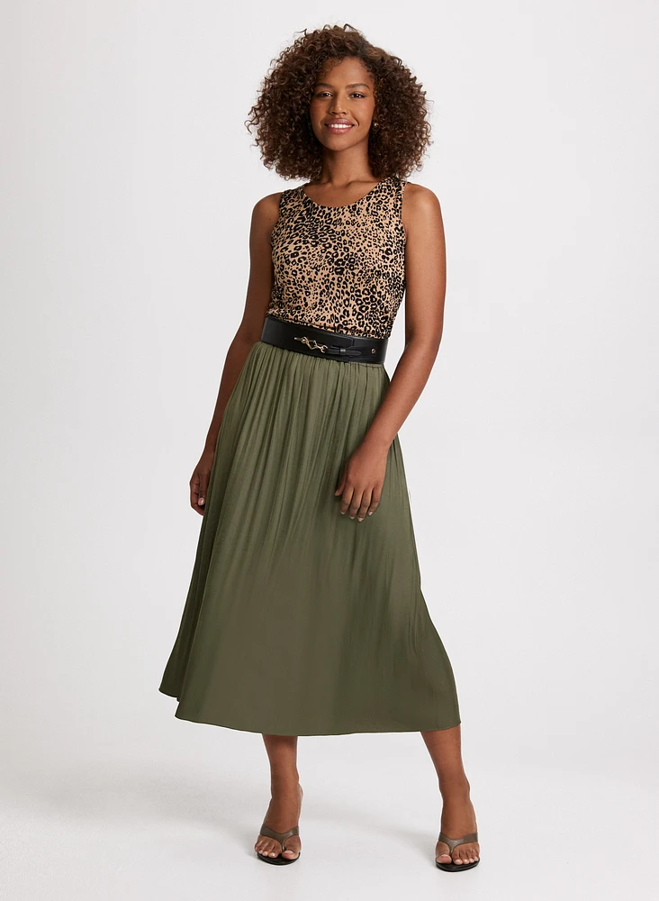 Sleeveless Leopard Top & Satin Drawstring Waist Skirt