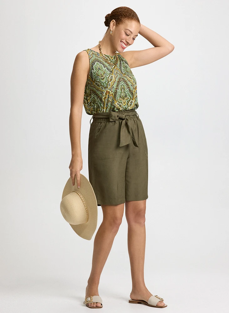 Sleeveless Paisley Top & Belted Linen-Blend Shorts